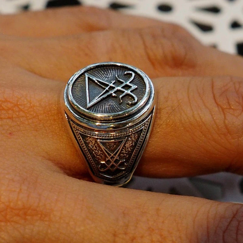 С классными клепками в виде печатка из серебра sigil Of Lucifer кольцо для Для мужчин уплотнение сатаны скрытую мужские ювелирные изделия