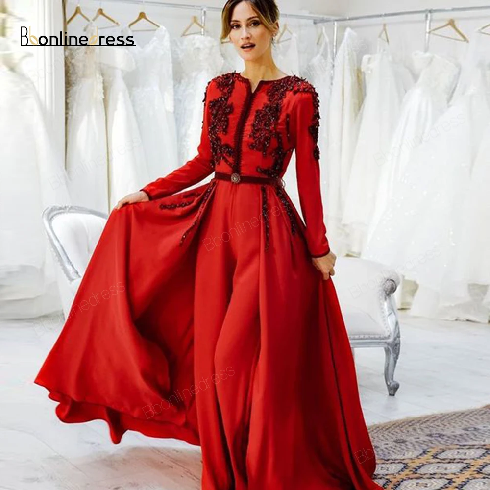 

Bbonlinedress Moroccan Kaftan Red Evening Dresses Embroidery Appliques Long Evening Dress Full Sleeve Arabic Muslim Party-Dress