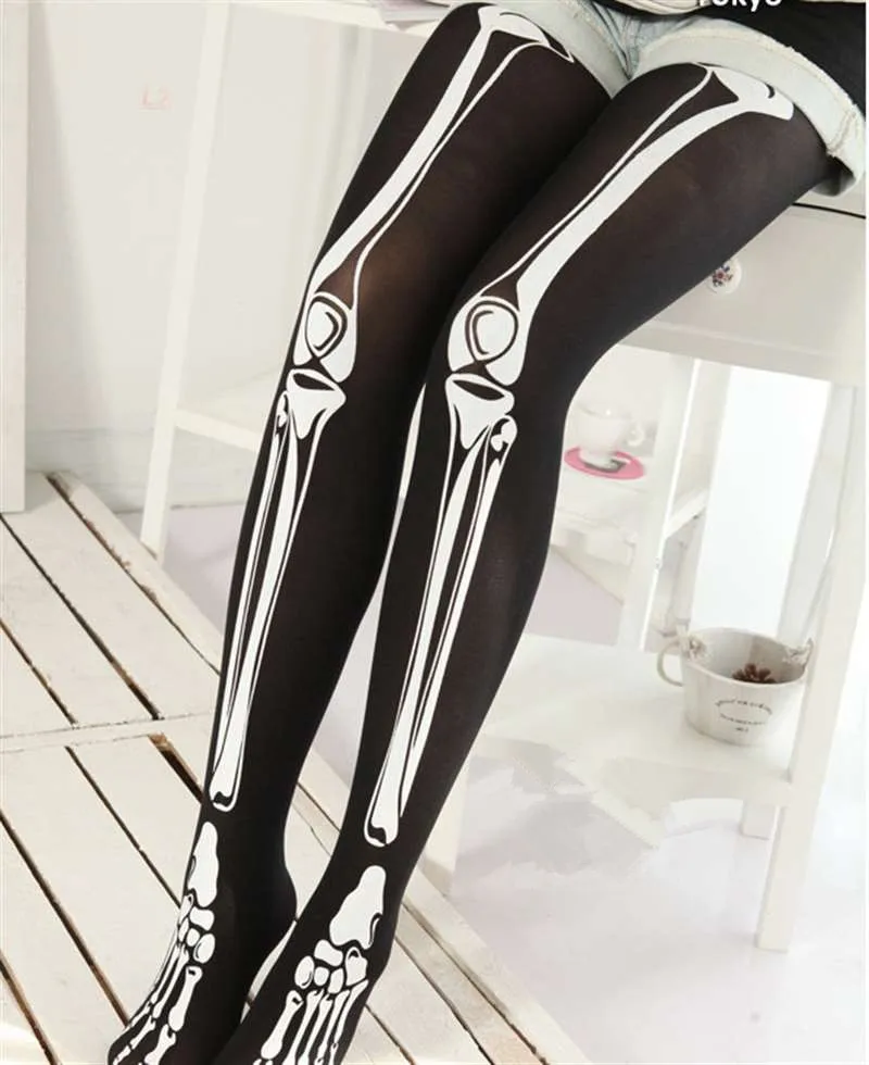 

UIDEAZONE Goth Skull Printed Women Tights Gothic Skeleton Girls Stockings for Club 2019 Halloween
