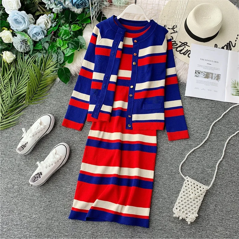

Amolapha 2019 Autumn Winter Women Striped Single Button Knit Cardigans Jacket+Sleeveless Dresses 2 Pieces Knitted Clothing Set
