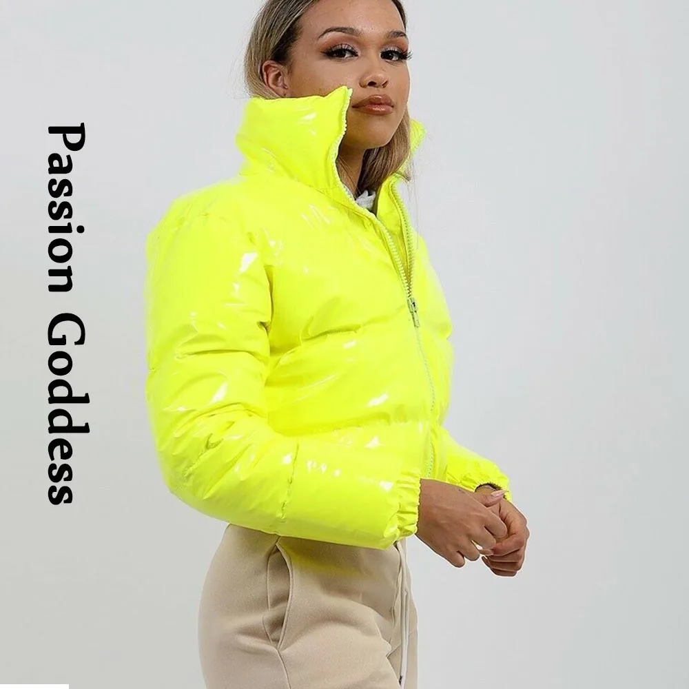 Autumn Winter Women Bright PU Puffer Jackets Warm