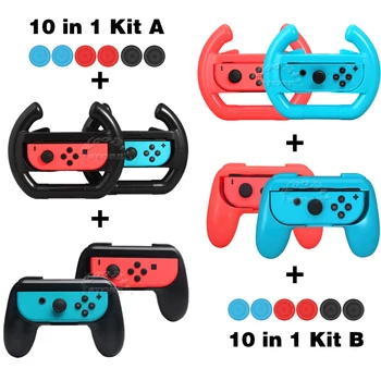 

10 in 1 Nintend Switch Accessories Kit 2 Racing Steering Wheel 2 Handle Grip 6 Joycon Silicone Caps for Nintendoswitch Joy-con