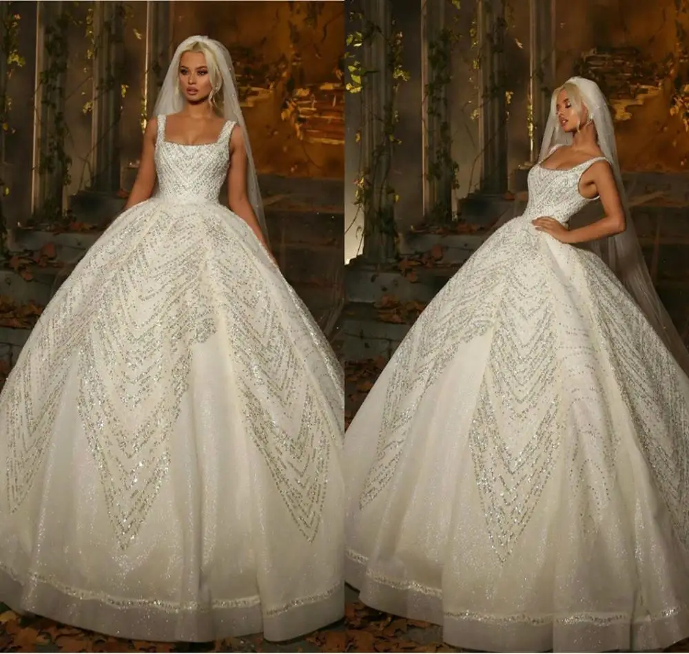 

2020 Luxury Sequins Wedding Dresses Scoop Neck Puffy Princess Ball Gown Bridal Gowns Bling Bling Bride robes de mariée