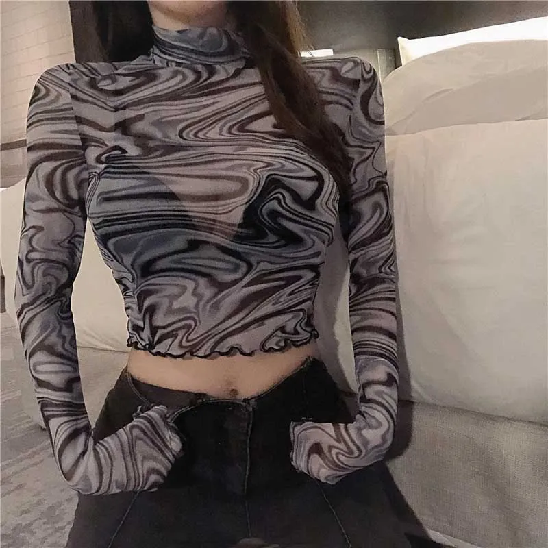 One-Piece Designer Stripe Print T Shirt 2020 Summer Women New Long Sleeve Turtle Neck Tops Korean Sexy Slim Lady T Shirt