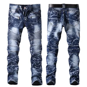 

Brand mens jeans blue printing design denim creases fashion designer jeans men high quality #6501