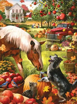 

JMINE Div 5D Fall Autumn Harvest Pumpkin Horse Full Diamond Painting cross stitch kits art Animal 3D paint by diamonds