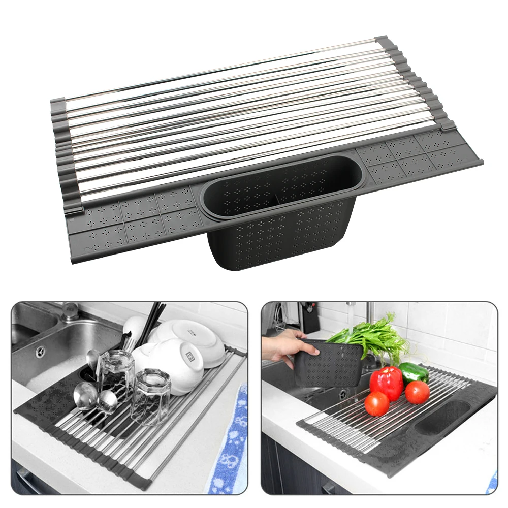 

For Sink Use Stainless Steel Fruit Vegetable Drain Rack Tableware Dish Drying Rack Multifunction Storage Basket Mat Foldable