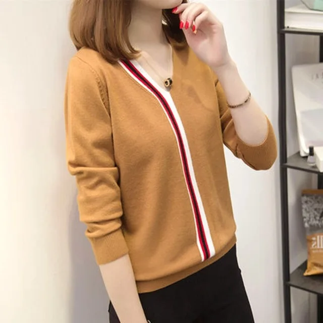 2019 Autumn Winter Korean V Neck Striped Sweater Women Long Sleeve Loose Black Sweater and Pullover Knitted Sweater Pull Femme