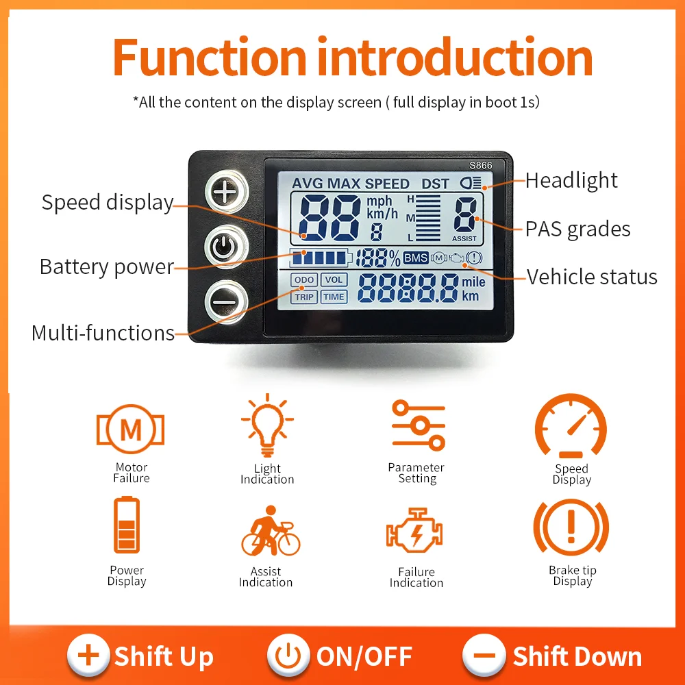 Ebike LCD Display S866 24V 36V 48V 60V Intelligent Controller for 