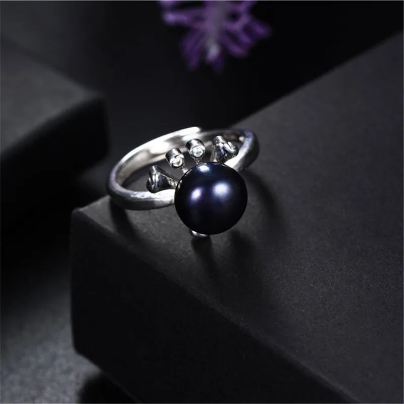 Черный Frog design 8-9mm natural freshwater pearl ring for women gift, 925 sterling silver women adjustable jewelry ring - Цвет камня: Черный