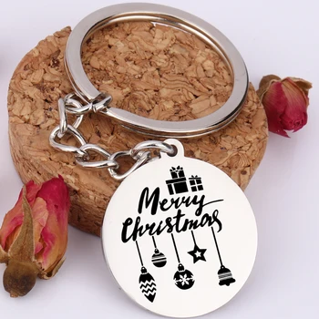 

Merry Christmas Engraved Keychain Men Women Star Bell Shaped Key Holder Hand Stamped Pendant Stainless Steel Jewelry