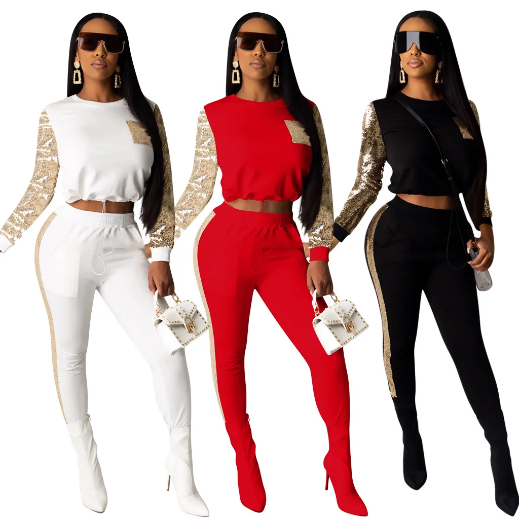 Sequin Splice 2 Piece Set Women Tracksuit Fall Winter Festival Clothes Crop Top and Pant Sweat Suits Sexy Club Outfits | Женская одежда