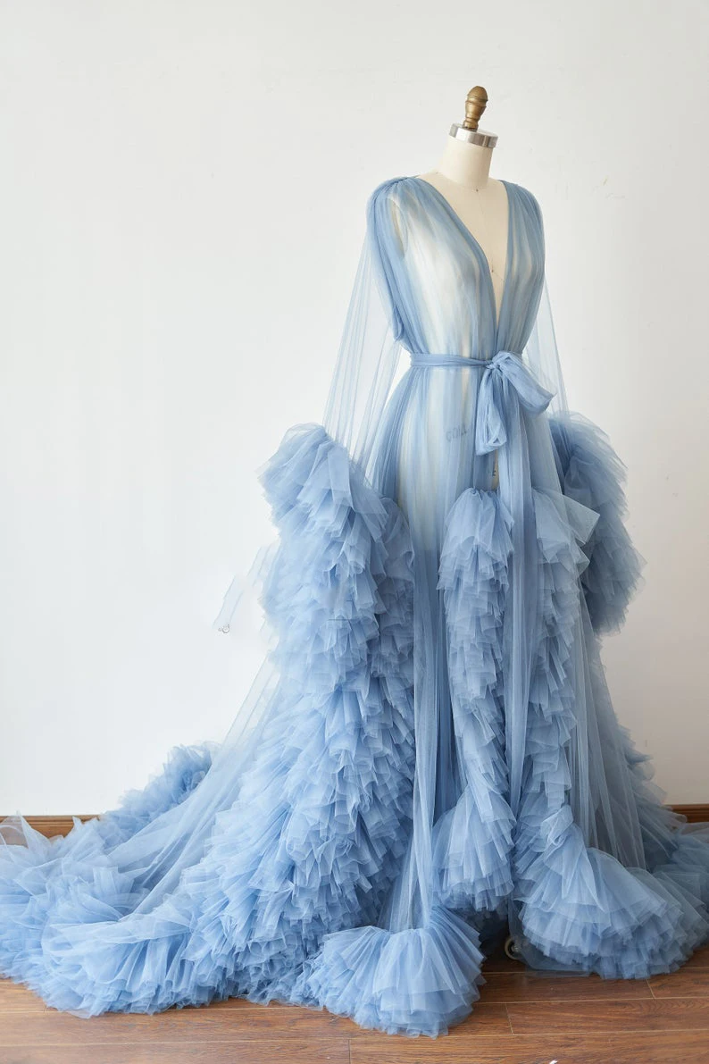 Bathrobe for Women Sky Blue Feather Full Length Lingerie Nightgown Pajamas Sleepwear Women\'s Luxury Gowns Housecoat Nightwear