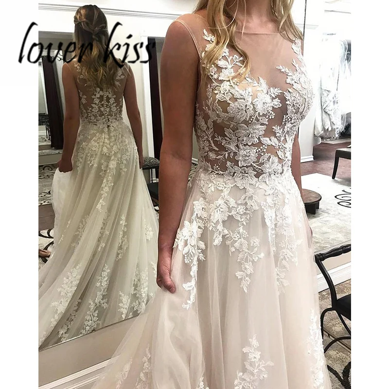 Lover Kiss Vestido Noiva элегантные кружевные аппликации Прозрачные Свадебные платья трапециевидные Свадебные платья для женщин Robe de Mariage