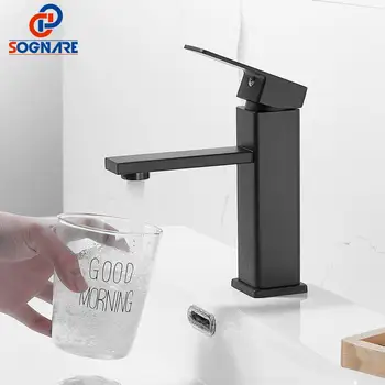 SOGANRE Basin Sink Bathroom Faucet Deck Mounted Hot Cold Water Basin Mixer Taps Matte Black Lavatory Sink Tap Crane 1