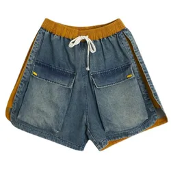 Casual cintura alta reta jeans shorts verão bolsos solto feminino azul denim shorts senhoras calças de rua alta 2022