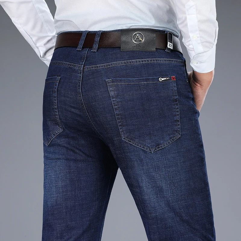 Autumn and Winter Classic Men's Business Fit Jeans Fashion Casual Denim Stretch Trousers Male Brand Pants Black Blue