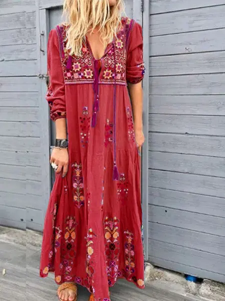 Stylish Drawstring Lace Long Sleeve Dress Bohemian Flower Printed Fashion Long Dresses Big Size 5XL 2020 New