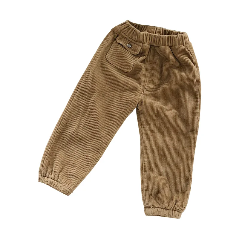 Children Boy Pocket Wicker Trousers Toddler Girl Warm Thicken Plus Velvet Casual Trousers Middle Waist Boys Cotton Bloomers Pant