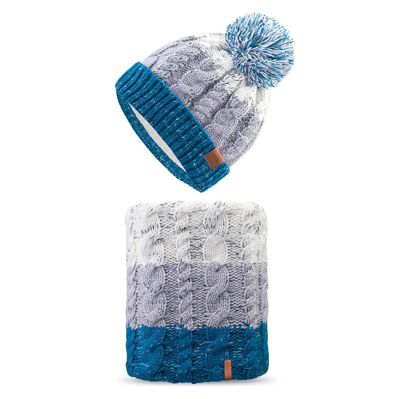 AONJIE M28 для взрослых и детей, детская Толстая зимняя шапка с флисовой подкладкой, вязаная шапка, шапка с манжетой и черепом, Круглый снуд для катания на лыжах - Цвет: Blue Hat and Scarf