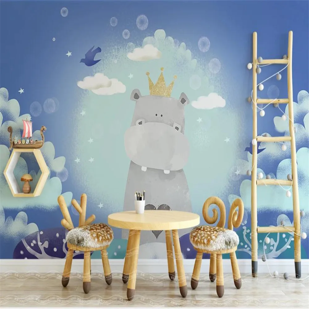 

Drop Shipping Custom 3D Wallpaper Mural Simple Hand-painted Cartoon Hippo Children's Room Wall Decoration Painting Wallpaper