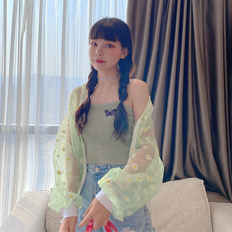 2020 New Korean Style Loose Flower Printed Thin Jacket Sunscreen Women Long Sleeve Casual Sunscreen Jacket Veste Femme