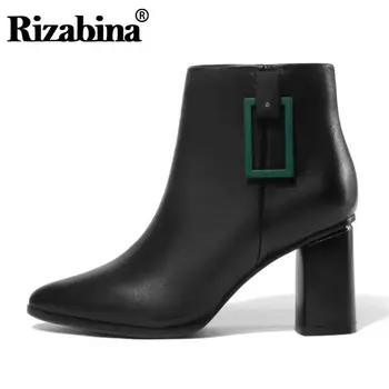 

RIZABINA Women Real Leather Thick High Heels Winter Boots Sexy Pointed Toe Warm Shoes Women Zipper Ankle Boots Size 34-42