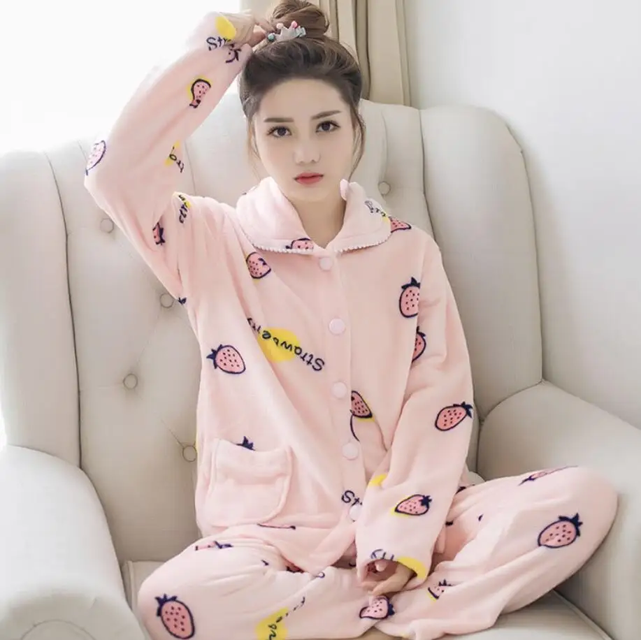 Зимняя женская теплая Повседневная Ночная рубашка, пижама, Фланелевая пижама с длинным рукавом, комплект женской домашней одежды, пижамы, женская одежда