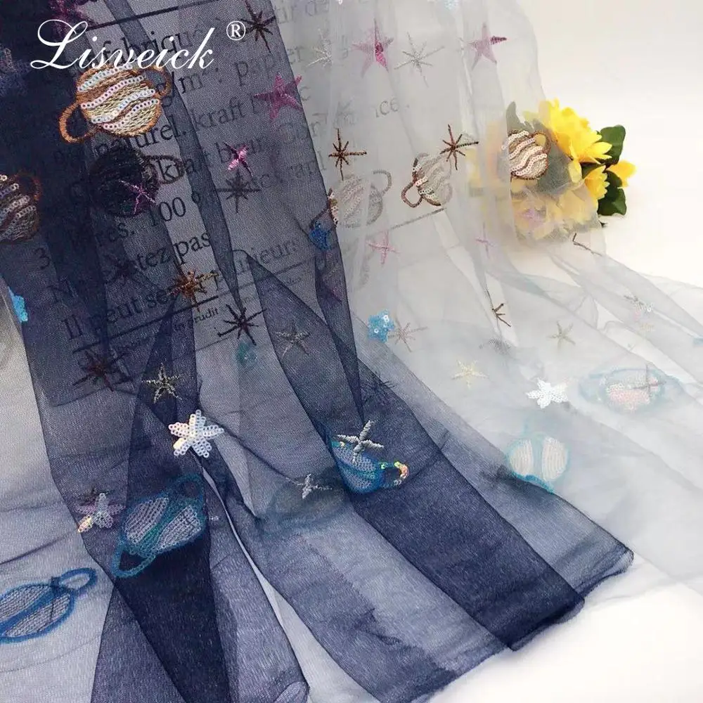 1 м/лот 135 см Сетчатое кружево с блестками Вселенная планета вышитая бисером кружевная ткань diy нигерийские вечерние платья юбка материал