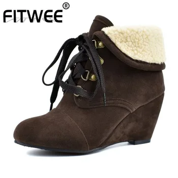 

FITWEE Plus Size 34-48 Ankle Boots For Women Winter Casual Lace Up Wedges Platform Shoes Women Keep Warm Add Fur Short Boots