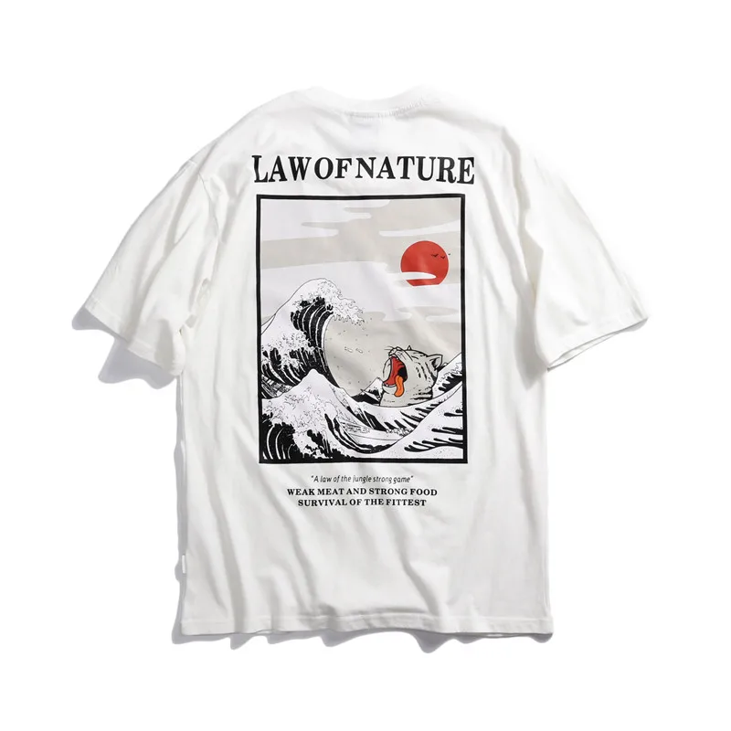 white tshirt Law of Nature Harajuku, японская забавная футболка с изображением кота, Мужская футболка в стиле хип-хоп, хлопковые повседневные футболки, мужские топы - Цвет: white tshirt