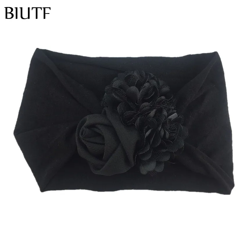 20pcs/lot Chic Headwear Elastic Wide Nylon Headband with Satin Flower Chiffon Rose Kids Photo Props 15 Colors HB105 - Цвет: 1-black