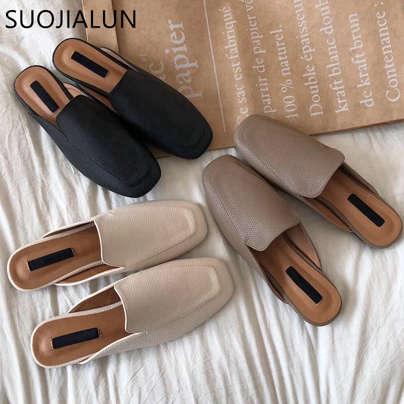 

SUOJIALUN Women Mules Slipper High Quality Soft Leather Round Toe Slipper Slip On Outdoor Sandal Causal Flat Heel Slides