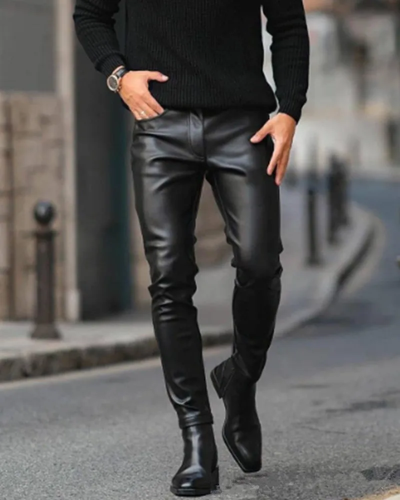 Men Fashion Autumn Moto Biker Trousers Solid Slim Fit Faux Leather Long Pants 