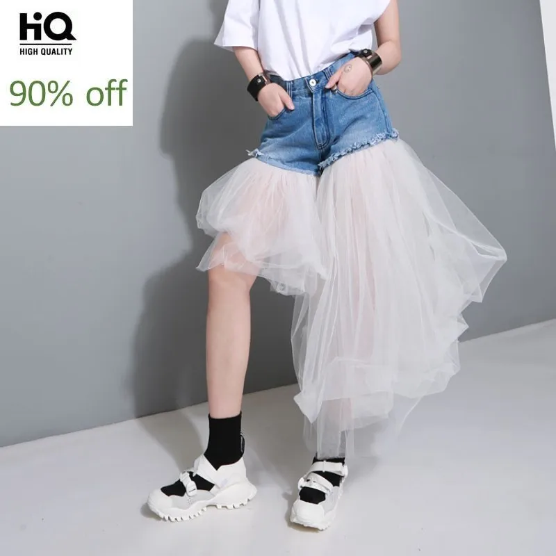 2020 Harajuku Summer Denim Shorts Women irregular Patchwork Mesh Casual High Waist Womens Jeans Fashion Blue Black |