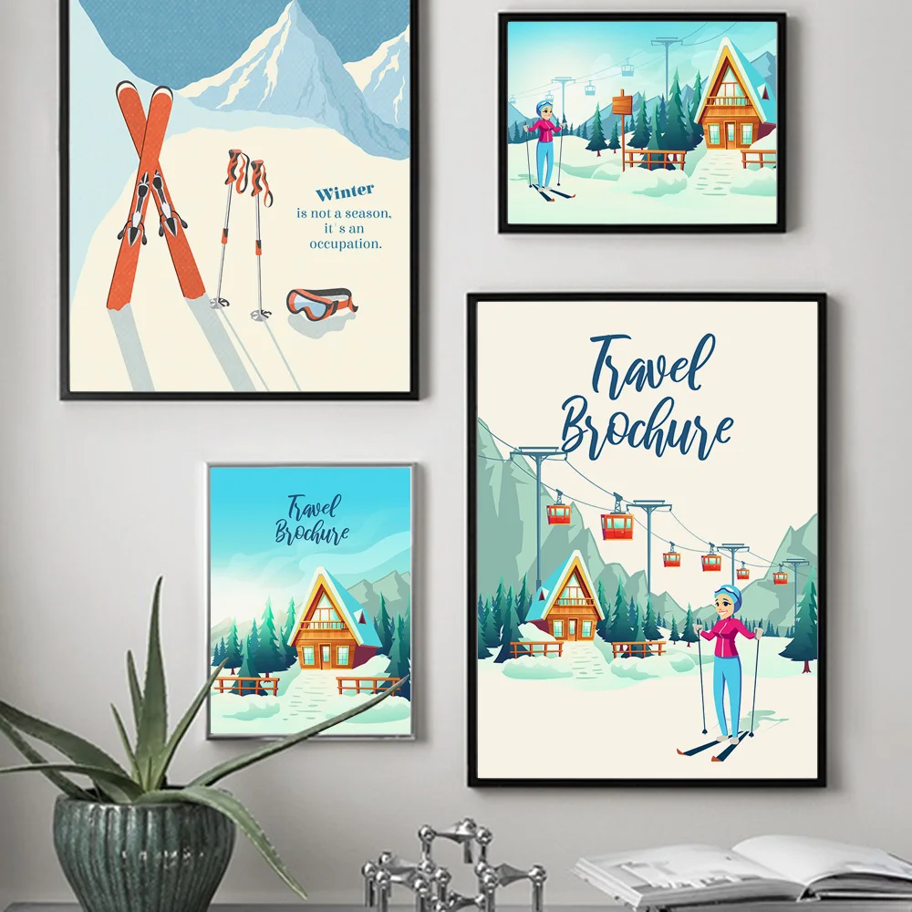 Cartoni Animati Paesaggi Poster E Stampe Ragazza Slitta Sci Montagna Inverno Wall Art Tela Pittura Immagini Coreane Decorazioni Per La Camera Dei Bamb