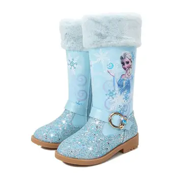 

Girls Elsa Leather Boots Shoes For Winter Baby Girls Warm Fur High-heeled Snow Queen Princess Boots