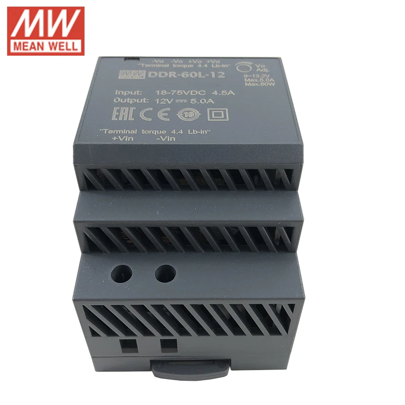 MEAN WELL DDR-60L-5 60 Вт DIN Rail input вход преобразователя 18-75 В постоянного тока до 5 В постоянного тока 12А 60 Вт Средняя мощность питания(24 В/48В постоянного тока до 5В постоянного тока
