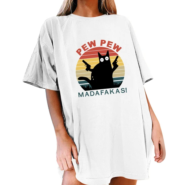 Harajuku Shirt for Ladies Pew Pew Madafakas Cat Funny Drop Shoulder Graphic Tee T Shirts Women 2021 Summer Loose Tops Clothes 4