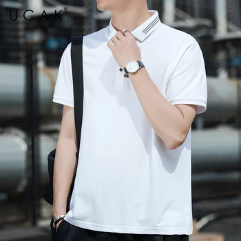 

UCAK Brand Summer Turn-down Collar T-Shirt Men Clothing Streetwear Short Sleeve T Shirt Homme Solid Color Clothes Tshirt 5256