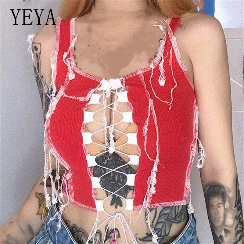 

YEYA Ribbed Knitting Hollow Out Camisole Woman Sleeveless Crop Top Streetwear Sexy Drawstring Bandage Party Club Tank Tops