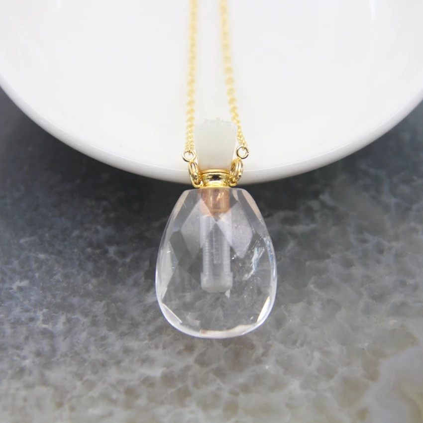 Natural Citrines/Agate/Garden Crystal Perfume Bottle Pendants,Rose/White Quartz Essential Oil Diffuser Vial Necklace Jewelry