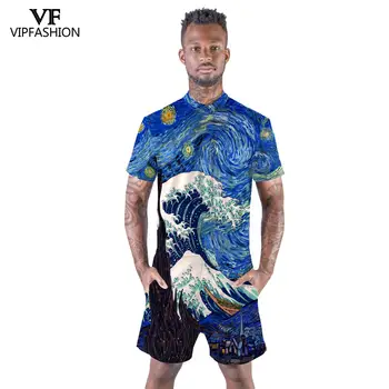 

VIP FASHION Men Rompers One Piece Zipper Short Sleeve Street Romper Space-Star Galaxy Jumpsuit