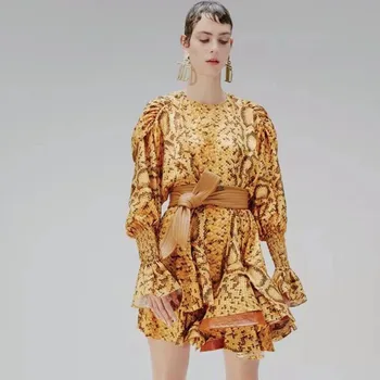 

iMucci 2020 Spring Europe Round Neck Bubble Sleeve Long Sleeves Lace Up Waist Thin Yellow Leopard Printed Fluffy Dress TM1031