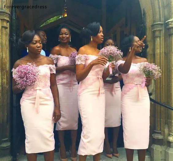 2018 Summer Blush Pink Tea Length Bridesmaid Dresses for African Nigerian Girls Sexy Off Shoulders Appliques Maid of Honor Gowns  89