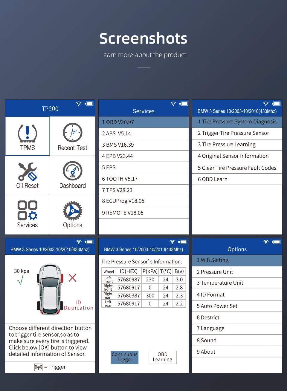 2010 XTOOL TP200 TPMS диагностический инструмент для измерения давления в шинах OBD датчик считывания ID значение ABS BMS EPB ECU обновление приборной панели