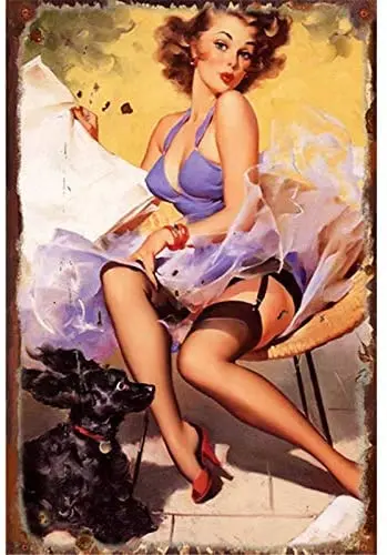 

Sexy Lady Dress Blow Lie Dog Shy Rustic Metal Plate Tin Sign Vintage Retro Man Cave Bar Garden Wall Decor 12"x8"