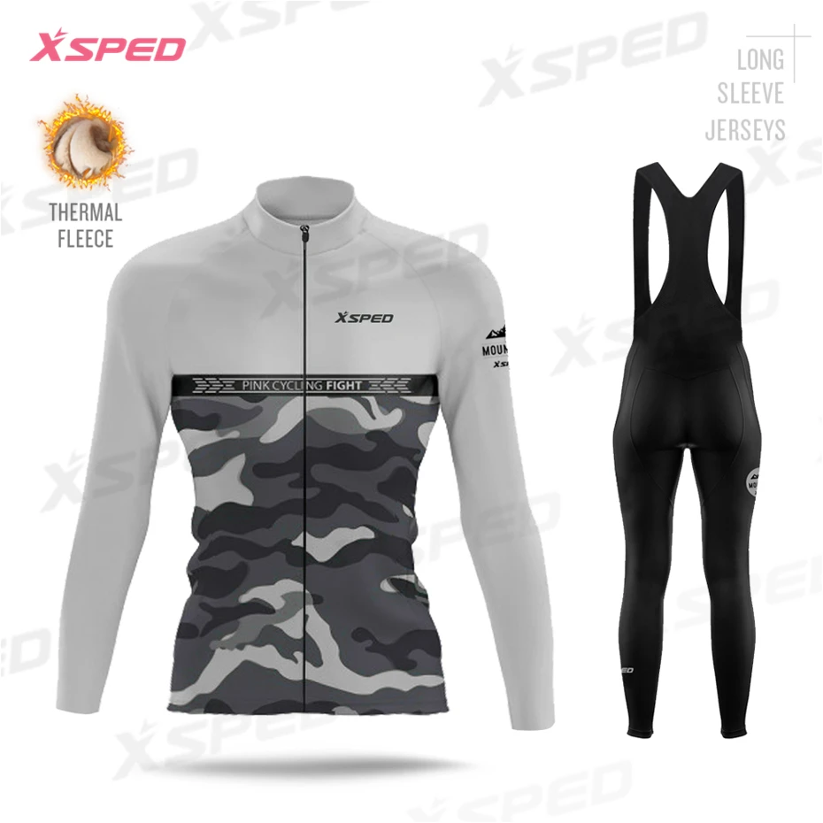 Bib Cycling Set Зимняя женская одежда для велоспорта, Термоодежда с длинным рукавом, комплект из Джерси, модный Камуфляжный дизайн, флисовая одежда для велоспорта, одежда для велоспорта, Mujer Maillot - Цвет: Bib Cycling Set