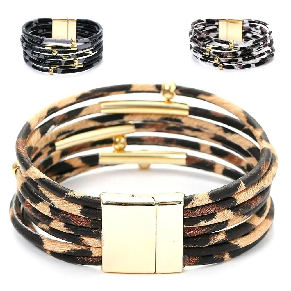 

Print Leather Bracelet Leopard Bohemian Women vintage Bracelet Metal Pipe Multi Layer Charm Faux Leather Wrap Magnetic Bracelet