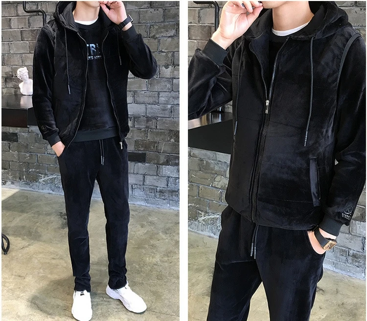 AmberHeard Winter Warm Men Sport Suit Hooded Vest+Pants+Sweatshirt Gold Velvet Sportswear 3 Piece Set For Men Tracksuit Clothing